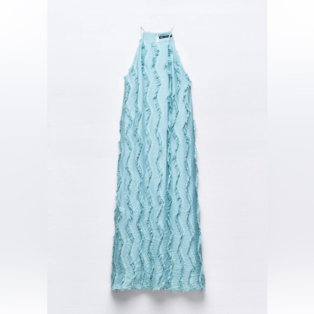 Zara Fringe Blue Sleeveless Halter Sheath Dress
